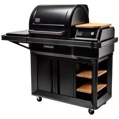 a black barbecue grill with wooden shelves on wheels