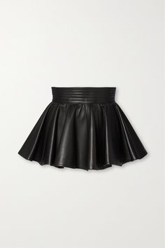 This belt nods to Alaïa's iconic skater skirt, which is toughened up in leather and works best over a tank and wide-leg pants. It's detailed with a wide, ribbed waistband and soft gathering that fans out to a flared hem with stitched panels. Leather Skirt Mini, Black Waist Belt, Y2k Makeup, Leather Waist Belt, Black Attire, Wide Leather Belt, Exclusive Dress, Fashion Portfolio, Sport Swimwear