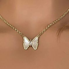 Gold Chain Butterfly Necklace-Mother of Pearl Connector Charm-CZ Charm - Vanessadesigns4u Chain Butterfly, Beautiful Gold Necklaces, Layering Necklaces, 18k Gold Necklace, Chain Extenders, Gold Necklaces, Gold Choker, Butterfly Charm, Necklace Online