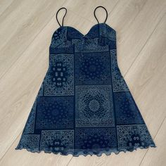 Urban Outfitters Slip Dress Size Xs Navy Blue Denim-Look Paisley Print Fully Lined Lettuce-Trim Hem Never Worn Long Sleeve Turtleneck Dress, Blue Skater Dress, Floral Babydoll Dress, Mesh Mini Dress, Dream Dresses, Ribbed Mini Dress, Urban Dresses, Urban Outfitters Dress, Short Sleeve Mini Dress