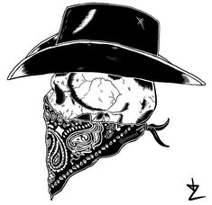 a black and white drawing of a skull wearing a hat with a bandanna around its neck