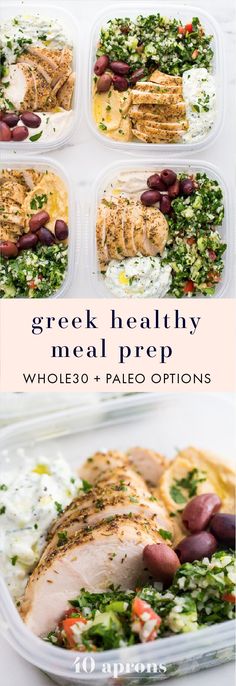 greek meal prep with chicken, olives and feta cheese in plastic trays