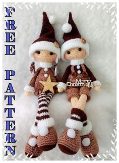 two crocheted dolls sitting next to each other on a white background with the caption merry christmas