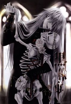 a skeleton girl with long white hair holding her hand up to her face