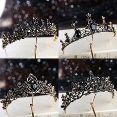 four different views of a tiara on display