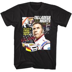 Talladega Nights Ballad of Ricky Bobby Men's T-Shirt by American Classics As with all Will Ferrell comedies, you have to use the movies full name Talladega Nights: the Ballad of Ricky Bobby. His comedies are so off-the-wall silly and filled with quotables that if you know this movie, you KNOW the best lines! Talladega Nights is about the career, life and love of the talented but dim NASCAR race driver Ricky Bobby and his co-driver Cal Naughton (played by John C. Reilly). Adam McKay direct this F Talladega Nights, Ricky Bobby, Classic Comedies, Boxing T Shirts, Retro Tee, Disney Stars, Cut Tshirt, Cut Shirts, Black Print