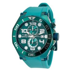 Equipped with a sporty silicone strap, large 50mm case and bold color scheme, this Invicta Pro Diver Ocean Scuba will stand out in any collection. Easy-to-read hour markers, hands, a date window and a pair of subdials make tracking your schedule a no-brainer. A textured crown, function pushers and lugs complete this colorful Pro Diver with an industrial flair. Green Chronograph Watch With Stopwatch, Functional Green Watch With 10atm Water Resistance, Functional Green Watches For Outdoor Activities, Green Analog Watches For Outdoor Activities, Sporty Green Outdoor Watch, Green Sporty Outdoor Watch, Green Sports Watch With Analog Display, Green Sports Watch With Round Dial, Functional Green Sports Watch