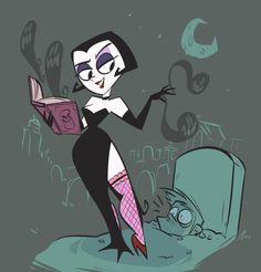 a cartoon character is reading a book in front of a grave with an evil looking face