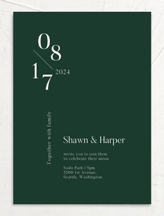 a green and white wedding card with the numbers 1 - 7 on it's side