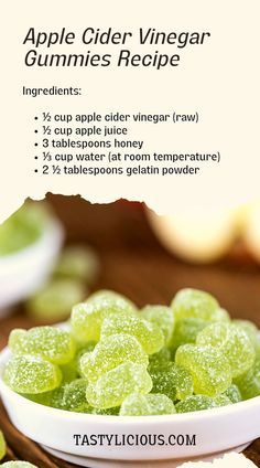 the ingredients for an apple cider vinegar gummies recipe are shown in small bowls