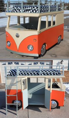 an orange and white double decker bus with checkered bedding on the top bunk