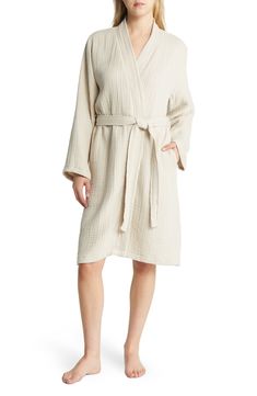 Enjoy the luxurious elegance of a spa-inspired robe at home with this supercomfy style made from four-ply gauze woven from long-staple Turkish cotton. It's also garment washed for added lived-in softness from the first wear. 42" length ( size X-Large)   Open front   V-neck   Long sleeves   Side-seam pockets   Removable tie belt   100% cotton   Machine wash, tumble dry   Made in Turkey   OEKO-TEX®–certified materials free of harmful substances Relaxed Fit Beige Kimono For Loungewear, Beige Relaxed Fit Kimono For Loungewear, Beige Robe For Spring Loungewear, Cotton Long Sleeve Robe For Spa, Long Sleeve Cotton Robe For Spa, Relaxed Fit Beige Robe For Loungewear, Beige Relaxed Fit Robe For Loungewear, Cozy Loungewear Robe For Spring, Long Sleeve Cotton Spa Robe