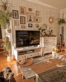 a living room filled with furniture and lots of plants on the wall above it is a flat screen tv