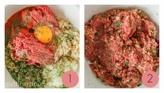 two pictures showing the process of making meatballs in a bowl and then being mixed together