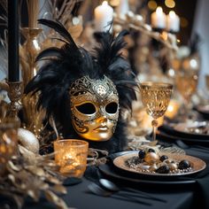 a masquerade mask sitting on top of a table next to plates and glasses