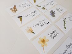 six cards with different types of flowers and names on them, all written in cursive writing