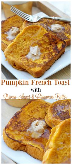 pumpkin french toast with brown sugar and cinnamon butter on a white plate next to a fork