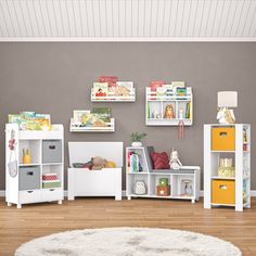 a child's room with bookshelves and toys