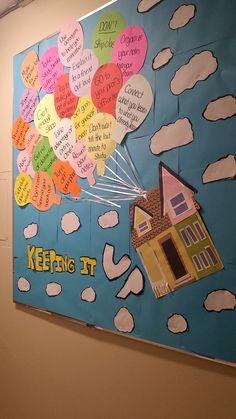 a bulletin board with balloons and words on it that say, keep it safe in the house