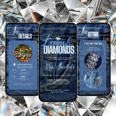 the front and back covers of two cell phones with diamonds on them, against a background of crystal shards