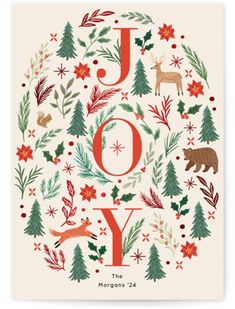 the joy christmas card is shown in red, green and white with an illustration of trees