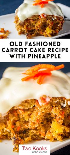 two photos of carrot cake with pineapple frosting on top and the same one