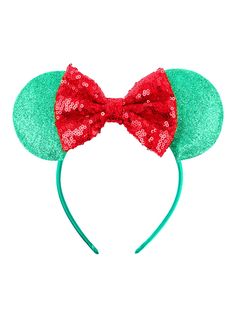 a red and green minnie mouse ears with sequins