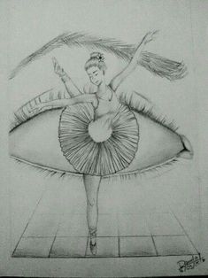 a pencil drawing of a ballerina in front of an eye with her arms outstretched