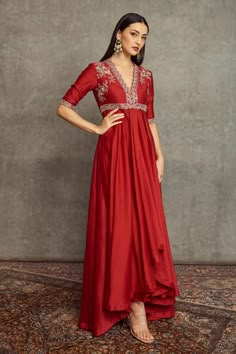 Shop for JAYANTI REDDY Red Chanderi Silk Anarkali And Palazzo Set for Women Online at Aza Fashions Red Kurti, Anarkali Designs, Beautiful Frocks, Jayanti Reddy, Trendy Outfits Indian, Silk Anarkali, Traditional Indian Outfits, Party Events, Party Wear Indian Dresses