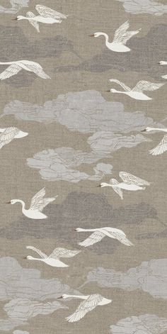 a beige background with white birds flying in the sky and clouds on it's surface