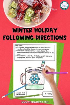 a bowl full of candy sitting on top of a table next to a paper with the words winter holiday following directions