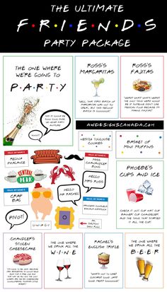 the ultimate friends party package is shown in black and white, with text on it