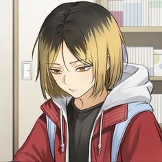 an anime character with blonde hair wearing a red and blue jacket in front of bookshelves