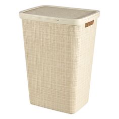 a white wicker laundry hamper on a white background