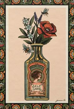 an old fashioned bottle with flowers in it on a floral border, framed by a decorative frame