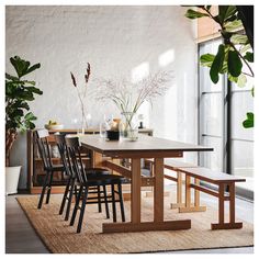 a dining table with four chairs and a bench in front of a window next to a potted plant