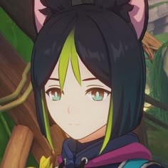 an anime character with green hair and blue eyes wearing a cat ears costume, looking at the camera