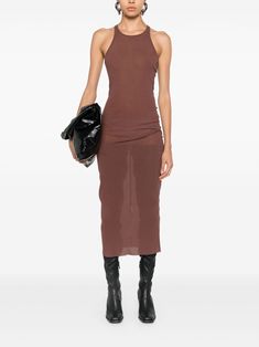 Find RICK OWENS Tank Midi Dress on Editorialist. cognac brown jersey texture fine ribbed semi-sheer construction crew neck sleeveless racerback unlined mid-calf length straight hem pull-on style Rick Owens, Mid Calf, Cognac, Top Brands, Midi Dress, Crew Neck, Texture, Luxury Fashion, Dresses