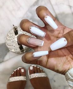 Shiny Nails Designs, White Coffin Nails, Drip Nails, White Acrylic Nails, Cute Acrylic Nail Designs, Simple Acrylic Nails, Bling Acrylic Nails, Summer Acrylic Nails, Pink Acrylic Nails