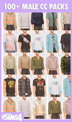 men's sweaters and shirts in different colors for the sims4 male cc pack