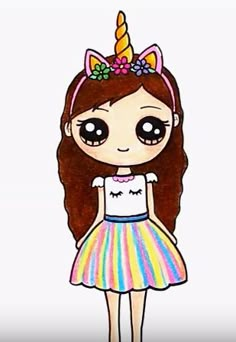 a drawing of a girl wearing a dress with an unicorn horn on it's head