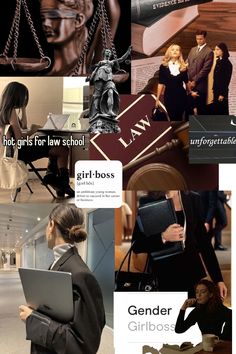 a collage of photos with women and law related items in the middle one has a laptop on her lap