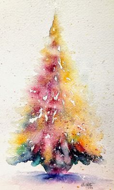 a watercolor painting of a colorful christmas tree with snow on the top and bottom