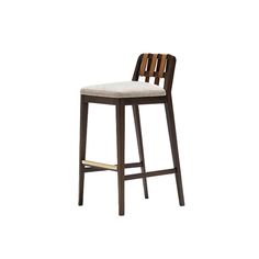 a wooden bar stool with a white upholstered seat and back rest on a white background