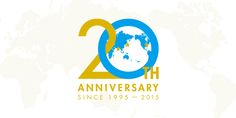 the 20th anniversary logo is shown in yellow and blue, with an earth map behind it