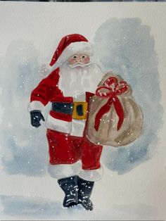 a watercolor painting of a santa clause carrying a sack