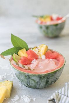 watermelon and pineapple drink in a bowl with text overlay that reads, watermelon pina coladas