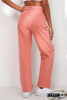 Pink High Waist Ripped Straight Leg Pocket Jeans Trendy Spring Pants With Zipper Closure, Casual Bottoms With Side Zipper For Fall, Trendy Pants With Side Zipper For Spring, Trendy Spring Pants With Side Zipper, Casual High Waist Pants With Side Zipper, Casual High-waist Pants With Side Zipper, Casual Pants With Zipper Closure For Spring, Casual Spring Pants With Zipper Closure, Spring Casual Pants With Zipper Closure