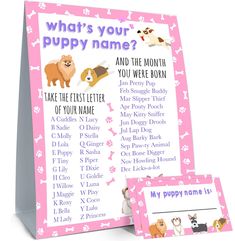 a pink sign with dogs on it next to a card that says, what's your puppy name? and the month you were born