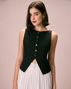 The Black Boat Neck Button Tank Top & Reviews - Black - Tops | RIHOAS Boat Neck Tank Top, Fitted Button Up, Delicate Tops, French Inspired Outfits, Black Top Summer, Boat Neck Design, Button Tank Top, Black Boat, Minimalist Top